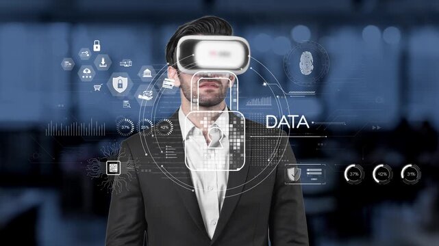 A businessman immersed in a virtual reality experience, exploring data visualizations and technology graphics within a sleek modern office setting, showcasing innovation. Raster