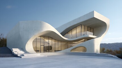 Obraz premium Modern white curved building with wavy design and large windows on a hilltop with a clear blue sky background