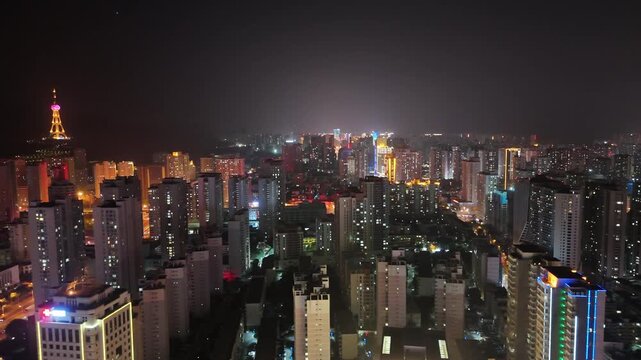 Xining City Aerial Night View with Landmark Tower Lighting