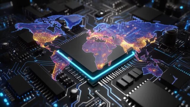 Microchip on circuit board with world map in flames