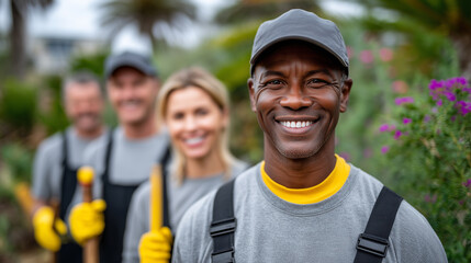 Naklejka premium Diverse group of volunteers standing side by side during a community project, wearing casual work clothes and gloves, tools visible in hands, outdoor setting with greenery, soft na