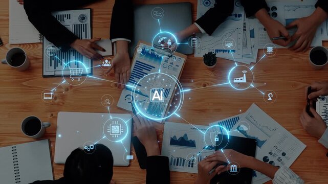 Business professionals collaborate in a modern office, analyzing data and discussing innovative strategies with digital tools and artificial intelligence graphics, driving teamwork. Raster