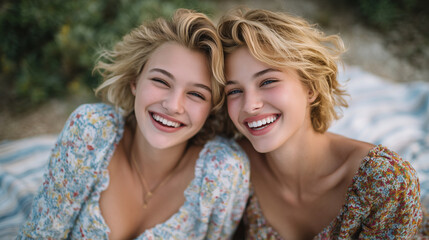 Fototapeta premium Blond young women lying on a picnic blanket, laughing and looking at each other, fresh greenery and soft shadows around them, casual summer outfits, intimate joyful atmosphere, nat