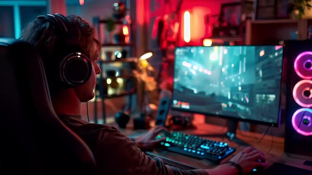 Fun gaming entertainment. A man wearing headphones intently focused on a gaming setup in a dimly lit room illuminated by neon lights. He is seated at a desk with a computer monitor, keyboard, mouse.