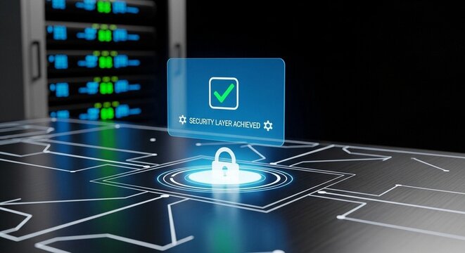 Cybersecurity data protection concept with padlock icon, secure server room infrastructure, digital network security layer achieved interface