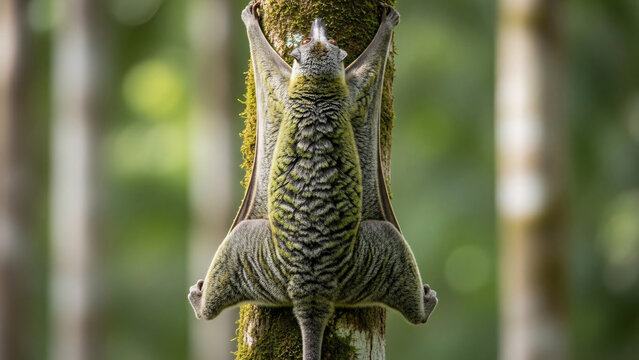 Colugo clinging to mossy tree trunk in forest