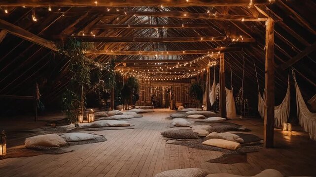 A rustic wooden interior, dimly lit by string lights, with cushions on the floor and hammocks