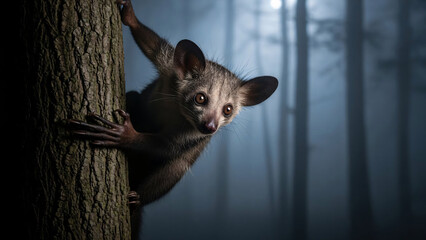 Fototapeta premium Lemur Peeking from Tree Trunk in Misty Forest