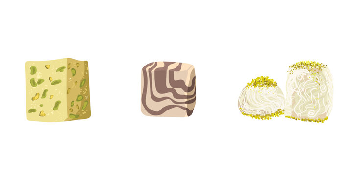 Turkish Traditional Dessert Pismaniye, Cotton Candy, pashmak,  Halva confection, cubes with pistachio nut, layered chocolate tahini oriental dessert, hand drawn vector illustration.