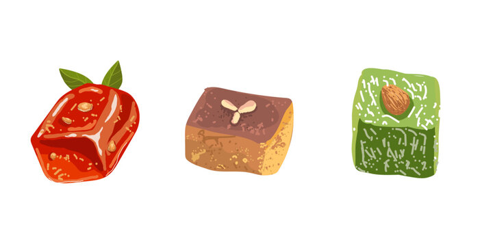 Pumpkin dessert, rahat lukum, namoura. Hand drawn vector illustration.