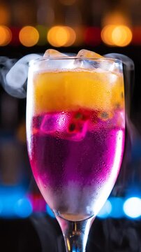 Colorful smoking cocktail in a glass with a blurred bar background