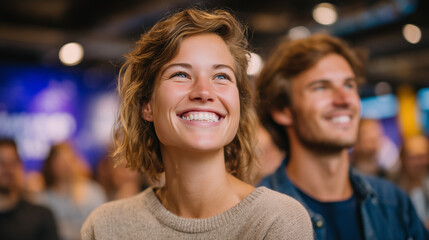 Obraz premium Close-up image of engaged participants smiling and laughing while listening to a startup founder, authentic human reactions, blurred banners and screens in the background, innovati