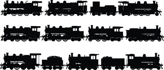 Flat vector illustration of vintage steam train silhouettes, classic locomotives, railway engines, historic trains, transportation icons, black silhouette collection © Nupoor's World