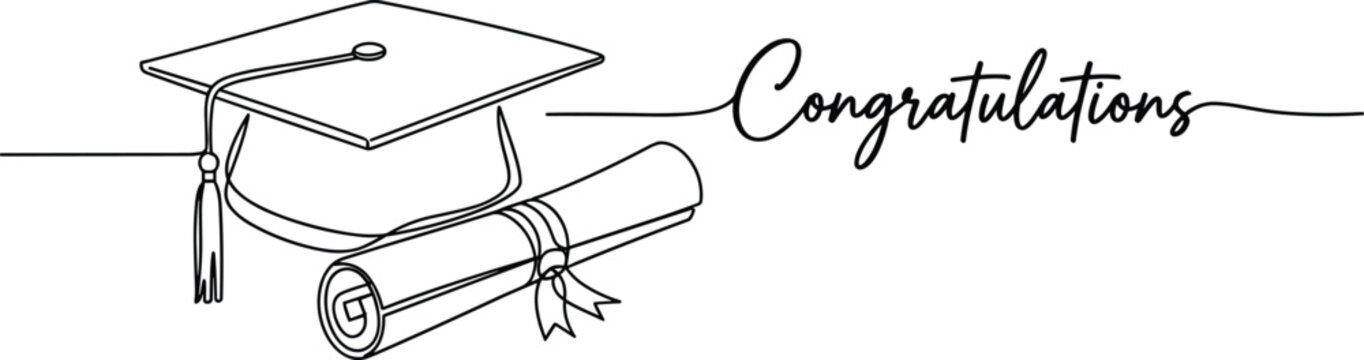 Minimalist continuous line drawing of a graduation mortarboard cap and rolled diploma with congratulations text isolated on white background for academic achievement