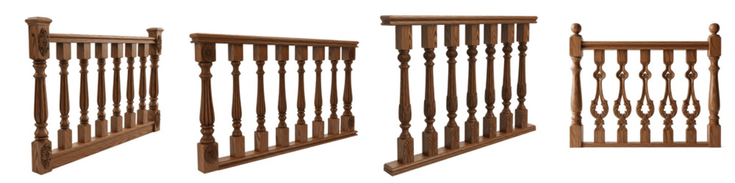 Set of classic wooden balcony railings and staircase balustrades, isolated on transparent background PNG