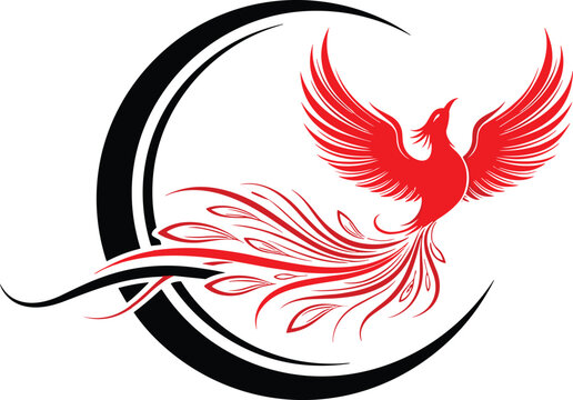 Majestic red phoenix bird with spreading wings rising from a black crescent moon isolated on white background for mystical fantasy logo design