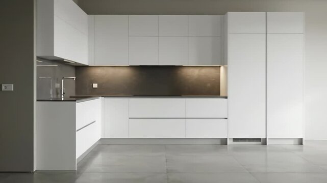 Modern kitchen installation in a bright, minimalist room. White cabinets and dark backsplash create a sleek design.