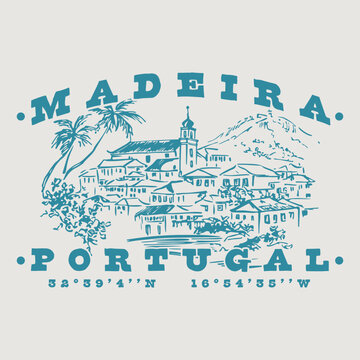 Illustration of the Portuguese region of Madeira, vintage vector design.