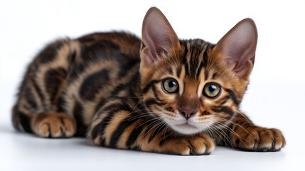 Obraz premium Playful Bengal kitten crouching, isolated on white background, spotted coat pattern, alert ears, sharp focus on face and fur texture, soft shadowing