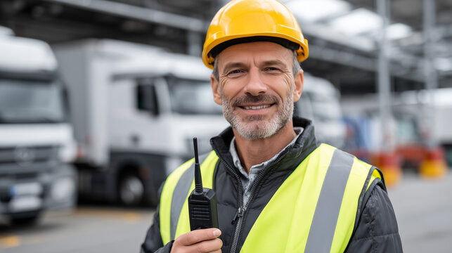 Industry supervisor with helmet and reflective vest, using a radio while inspecting a loading dock, trucks and workers moving behind, strong natural light streaming through large w
