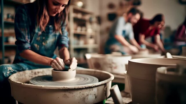 Education training class. Knowledge learning improvement study. A woman skillfully crafting pottery on a potters wheel, surrounded by a group of people. The scene is illuminated by a warm.