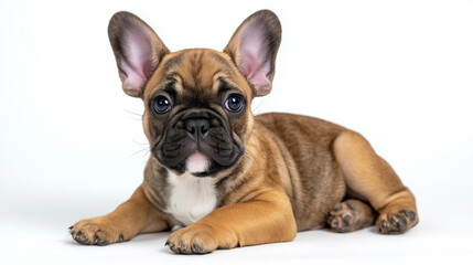 Obraz premium Playful French Bulldog puppy sitting, isolated on white background, wrinkled face, bat-like ears, bright curious eyes, subtle shadow under paws, realistic fur and skin texture