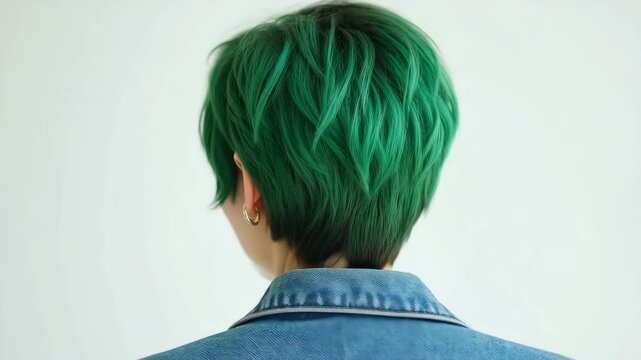 Young beautiful woman with short green hair turning around isolated on a white background