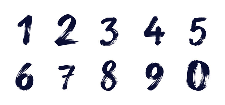 Hand drawn calligraphic brush numbers set with acrylic ink grunge lettering style vector illustration, 1, 2, 3 for your design