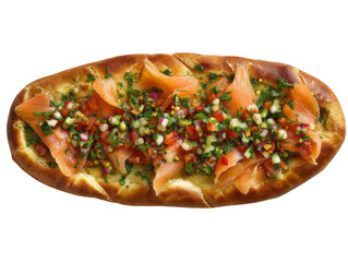 A delicious gourmet pizza topped with fresh salmon and vibrant vegetables Isolated Transparent Background, PNG