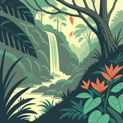 Dense jungle with hidden waterfall and exotic plants vector illustration © PIC 