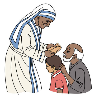 Mother Teresa helping poor children and an old man.