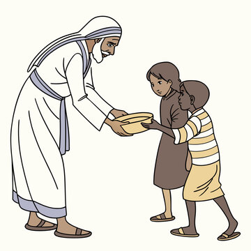 Mother Teresa helping poor children and an old man.