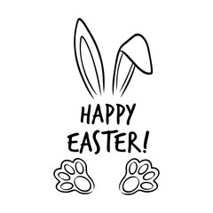 Fototapeta premium Happy Easter lettering with bunny ears and paw prints in doodle style. Minimalist hand drawn monochrome vector illustration expressing spring holiday mood, celebration and cute festive design concept.