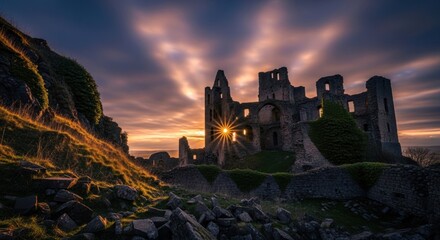 Obraz premium Dramatic sunset illuminates ancient castle ruins on rocky hilltop