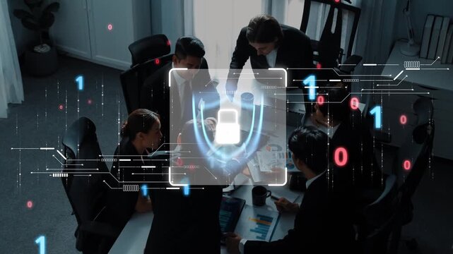 A modern business meeting focusing on digital security concepts, showcasing teamwork and collaboration among professionals in a technology-driven office environment. Raster