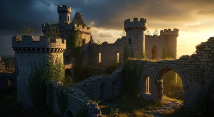 Ancient stone castle ruins at sunset with towers and dramatic sky