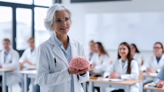 Education training class. Knowledge learning improvement study. A woman in a white lab coat holding a brain model in front of a classroom full of people seated at desks.