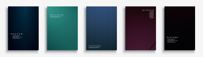 Collection of striped color abstract layout posters. Strict business unusual design. Bright gradient halftone covers. Minimalistic elegant cards
