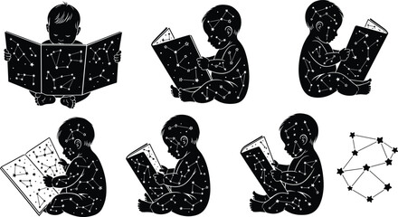 Baby reading constellation book silhouette set, infant learning astronomy illustration, imagination and education concept, stars and knowledge, black vector isolated © Md