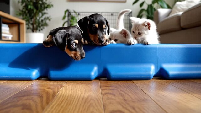 Cute dachshund puppies and kitten playing on blue foam block on wood floor in living room with sofa and plants in background for animal or pet related use