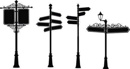 Vintage Street Signposts and Direction Signs Silhouette Vector Set © Nupoor's World