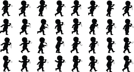 Baby silhouette walking sequence, toddler movement and step progression poses, child development and motion illustration isolated on white background