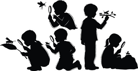 Children exploring nature silhouettes, kids observing insects with magnifying glass, curiosity, science learning, childhood discovery, black silhouette illustration © Md