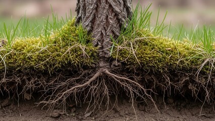 Subterranean Ecosystem Of A Tree Showing Roots Moss And Grass