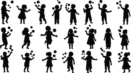 Obraz premium Children silhouette juggling balls, playful kids hand coordination and movement poses, childhood fun and skill activity illustration isolated on white background