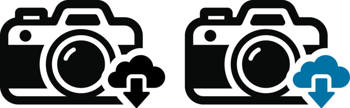 クラウドダウンロード付きカメラアイコン｜写真取得・データ保存を表すUI素材
