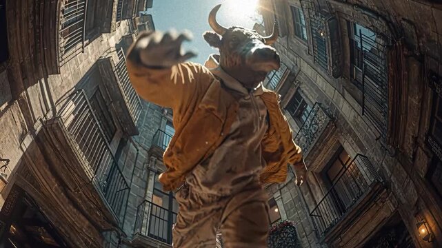 A businessman in a suit walks down an alley filled with bulls, suggestive of sports symbolism and wildness The scene is lit subtly through windows, casting shadows, and dominated by ea - AI-Generated