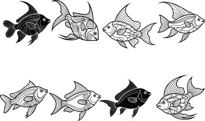 Decorative fish line art illustration set, ornamental aquatic animal drawings in black and white style isolated on white background
