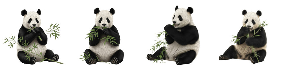 Set and collection of cute giant pandas sitting and eating green bamboo leaves and stalks isolated on white transparent PNG background © jesus lover