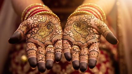 Fototapeta premium Intricate henna designs on hands with gold accents